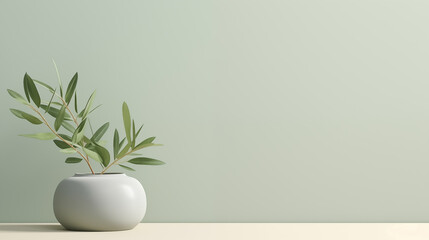 3d rendering of a vase with olive branches against a green wall - obrazy, fototapety, plakaty