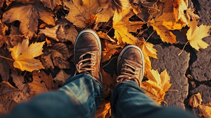  a person's feet in a pair of brown shoes standing on a leaf covered ground with yellow leaves on the ground.