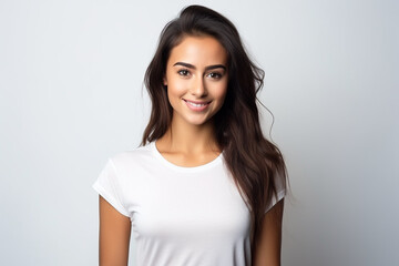 Fototapeta premium Happy woman with white shirt created with Generative AI