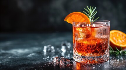  a close up of a drink in a glass with an orange slice and rosemary sprig on the rim.