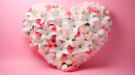 Lush heart-shaped floral arrangement of soft pink roses and white lilies on a pastel pink background, symbolizing tender love and sincere romance. Mother's Day. Wedding. Valentine's Day