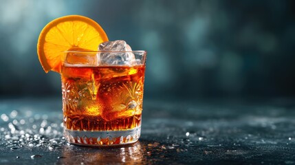  a close up of a glass of ice tea with an orange slice on the rim of the glass and ice cubes on the...