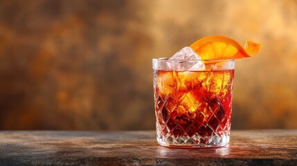 a close up of a glass of a drink with an orange slice on the top of the glass and ice.