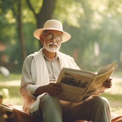 senior man reading news paper at garden