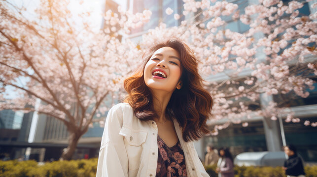 Modern happy young smiling Asian woman girl on the background of blooming pink cherry trees and metropolis city.