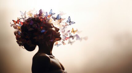 Woman profile with butterflies dispersing from head, concept of mental health