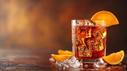  a close up of a glass of soda with ice and orange slices on a table with a blurry background.
