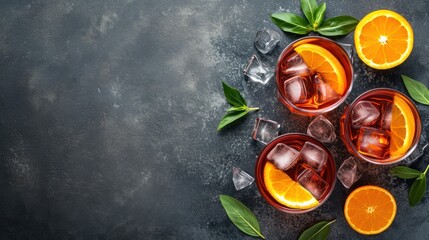  a group of glasses filled with oranges and mints on top of a gray surface with leaves on top of the glasses.