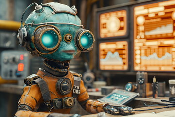 Fototapeta premium A cyborg sits at a desk in a high-tech luxurious office. Background is blurred many screens. It indicates that world systems such as the economy or finance sometimes it can be controlled by computer.