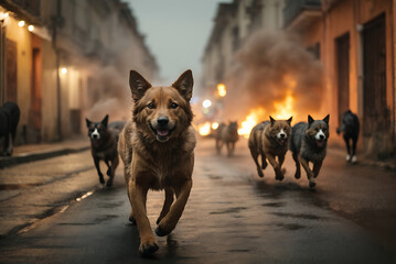 Depicting stray animals running in fear with wide, fearful eyes, reacting to the sound of fire cracks. - obrazy, fototapety, plakaty