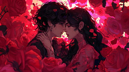 Amidst a sea of magenta roses, their love bloomed like a beautifully crafted anime scene, each petal a brushstroke in their passionate embrace