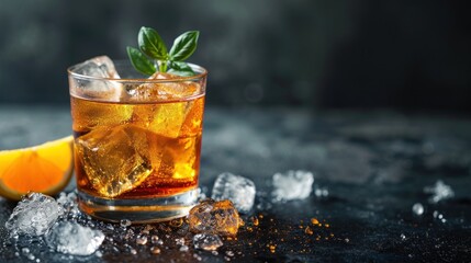  a glass filled with ice and a mint garnish on top of ice cubes next to an orange slice.