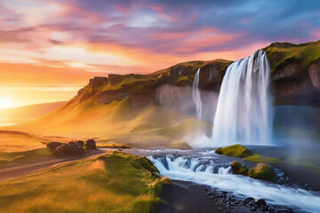 waterfall landscape mountain view sunlight coming form the back