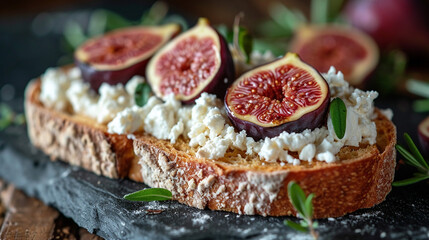 A piece of fried sourdough bread with ricotta cheese and figs, beautifully presented. French cuisine. Unusual background. - obrazy, fototapety, plakaty
