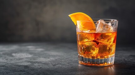  a close up of a glass of ice tea with an orange slice on the rim of the glass and ice cubes on the rim.
