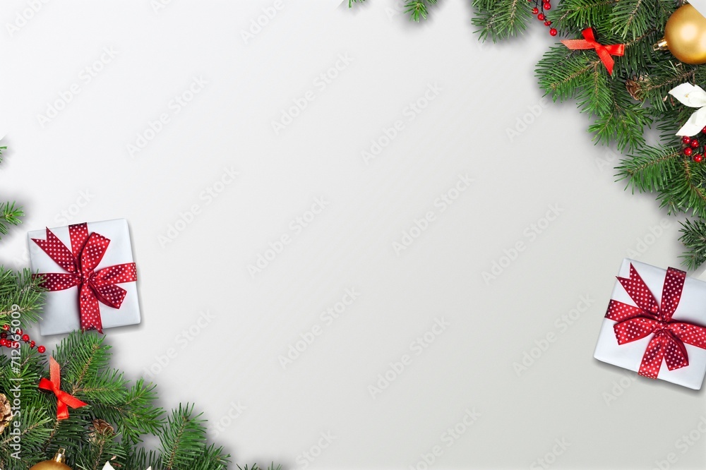 Sticker Christmas greeting frame with decorations and fir-tree.