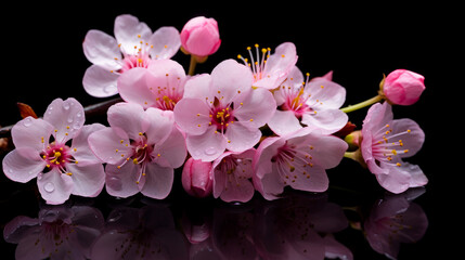 Abstract natural spring background light rosy dark flowers close up. Branch of pink white sakura cherry on a black background.