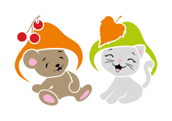 Funny baby bear and cute kitten with mushroom hat