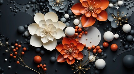 3D flowers and spheres on a dark matte background. Modern and elegant aesthetic.