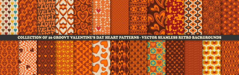 Big Collection of 1970s Groovy Hearts Seamless Patterns in Orange, Red Colors. Trendy Vector Valentine's Day endless Illustrations. Seventies Style, Groovy Love Backgrounds. Hippie Aesthetic