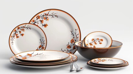  a white and orange dinner set with orange flowers on the rim of the plate and a bowl on the side of the plate. - obrazy, fototapety, plakaty