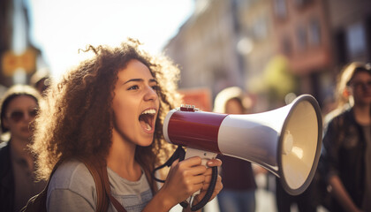 An earnest woman shouting through a megaphone at a protest march evoking a sense of empowerment - obrazy, fototapety, plakaty