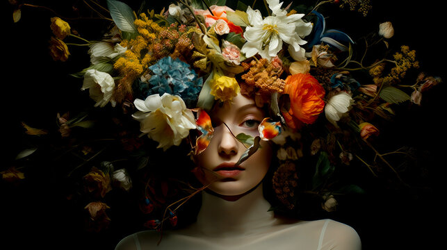 A woman with her head covered with spring flowers.