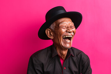 an asian old man in black hat and black sweater laughing and posing on a pink background