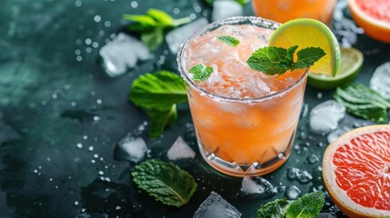  a close up of a grapefruit cocktail with mint garnish on the rim and a slice of lime on the rim.