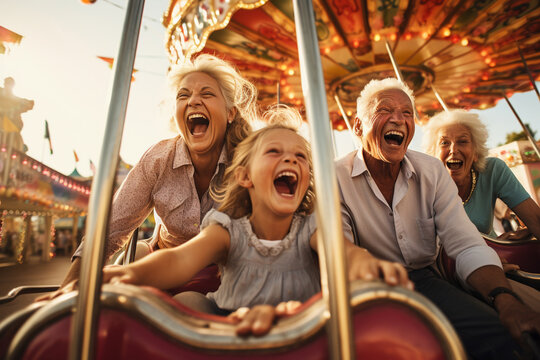 An Uplifting Scene Of An Older Couple And Their Grandkids Enjoying A Lively Day At An Amusement Park, Reveling In The Joy Of Shared Laughter.