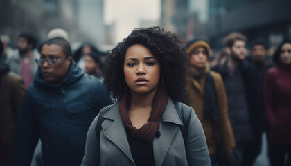 An earnest black woman  at a protest march with other people in the background evoking a sense of seriousness - obrazy, fototapety, plakaty