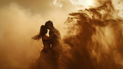 A passionate embrace amidst a hazy blur of sand and wind, their love shines through the chaotic elements of nature - obrazy, fototapety, plakaty