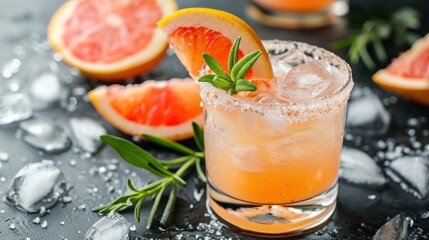  a grapefruit cocktail garnished with a sprig of rosemary and sliced grapefruits.