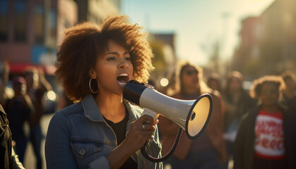 An earnest black woman shouting through a megaphone at a protest march evoking a sense of empowerment