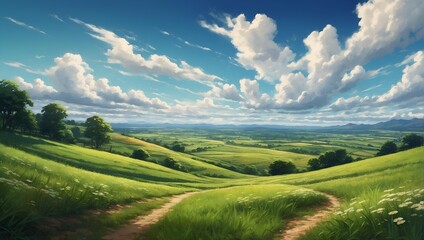 Landscape with green grass and blue sky anime illustration