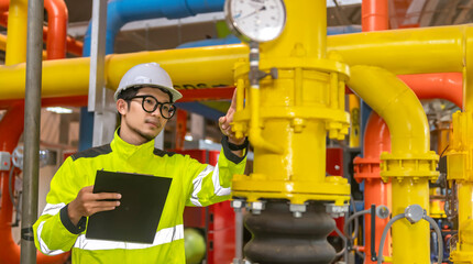 Asian engineer wearing glasses working in the boiler room,maintenance checking technical data of...