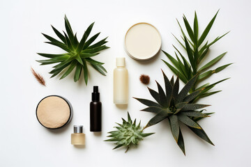 Elegant simplicity, Minimalist composition with cosmetics and greenery.