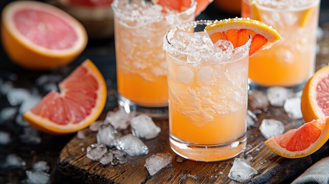  a close up of a drink with grapefruit and orange slices on a cutting board with ice on it.