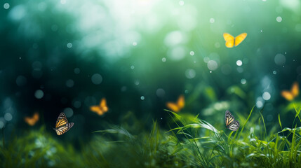 Abstract natural spring background with butterflies and green grass light rosy dark meadow flowers closeup with sun rays and light.