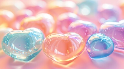  a group of three heart shaped soaps sitting on top of a pink, blue, and yellow tablecloth. - obrazy, fototapety, plakaty