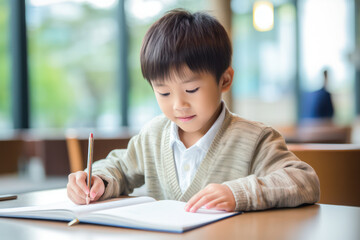 Focused Asian student, A young boy diligently writing in a school textbook, immersed in learning.