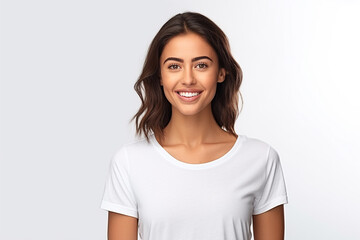 Fototapeta premium Happy woman with white shirt created with Generative AI