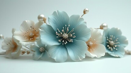  a close up of a blue flower with pearls on it's center and a pearl in the middle of the center of the flower.