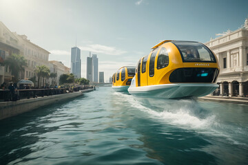 Floating cities with water taxis gliding between them, showcasing a harmonious blend of water-based transportation and futuristic urban planning.