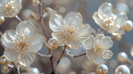  a close up of a bunch of flowers with pearls in the middle of the petals and pearls in the middle of the petals.