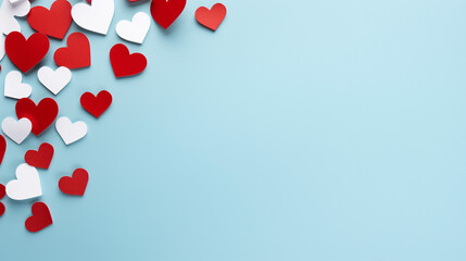 Romantic Valentines Day Background with Red and White Hearts on a Pastel Blue Flat Lay, Ideal for Greeting Cards, Celebrations, and Love-themed Designs - Copy Space Available for Personalized Messages