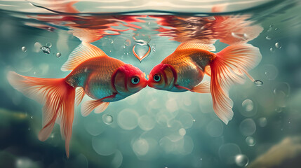 Two vibrant goldfish share a tender underwater kiss, their delicate fins intertwined in a peaceful aquarium filled with water and other mesmerizing fish species like koi and feeder fish - obrazy, fototapety, plakaty