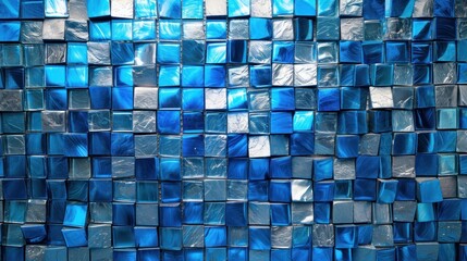  a close up of a wall made up of blue and silver squares of different sizes and shapes of glass tiles.