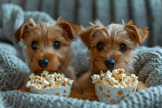 Two little cute lovely dogs with popcorn and a blanket in the sofa watching a movie