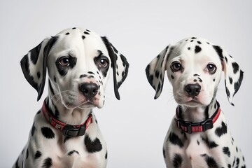 Dos perros dálmata sobre fondo blanco  - obrazy, fototapety, plakaty
